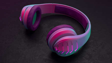 3D Illustration of Purple Blue Wireless Plastic Headphones on a Dark backgroundの写真素材