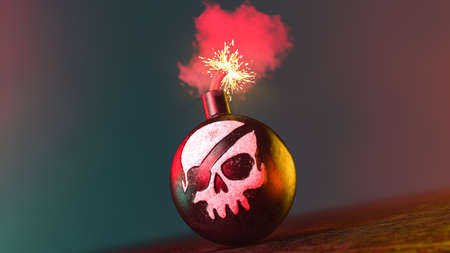 3d illustration of cannonball with painted pirate skull and burning wick on dark backgroundの写真素材