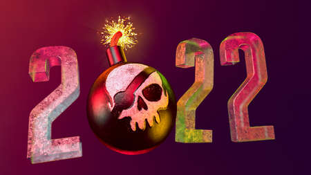 3d illustration of cannonball with painted pirate skull and burning wick on dark backgroundの写真素材