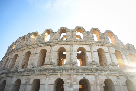 Amphitheater in El Djem from outside  Completed part with arches of roman biggest amphitheater in africa in El Djam, Tunisiaのeditorial素材