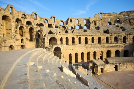El Djem, Amphitheatre, auditorium  	Arches and auditorium of roman biggest amphitheater in africa in El Djam, Tunisiaのeditorial素材
