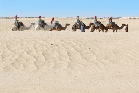 Douz, Kebili, Tunisia - September 17, 2012   Beduins leading tourists on camels at the Sahara desert on September 17, 2012 in Douz, Kebili, Tunisiaのeditorial素材