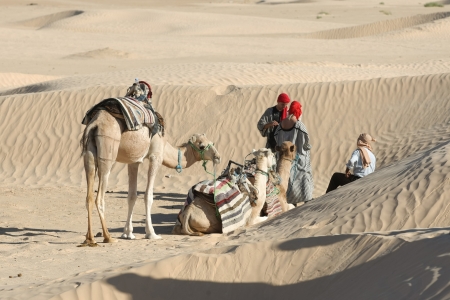 Douz, Kebili, Tunisia - September 17, 2012   Beduins leading tourists on camels at the Sahara desert  Camels are resting during break time on September 17, 2012 in Douz, Kebili, Tunisiaのeditorial素材