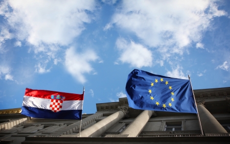 Zagreb,Croatia - May 29, 2013   European Union and Croatian flag on Government building, Zagreb,Croatia  Croatia state on 1 of July 2013 is becoming a full member of the European Union のeditorial素材