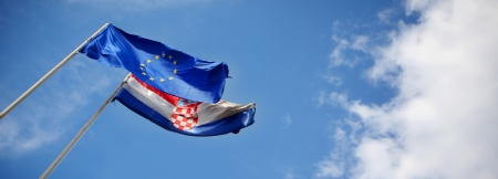 Zagreb,Croatia - May 29, 2013   European Union and Croatian flag on Government building, Zagreb,Croatia  Croatia state on 1 of July 2013 is becoming a full member of the European Union のeditorial素材