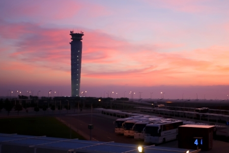 Sunrise with aviation control tower of Enfidha, Hammamet International Airport in Tunisia のeditorial素材