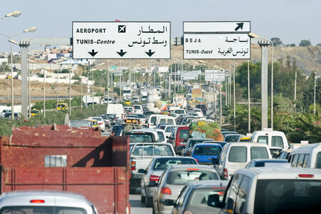 Tunis, Tunisia -  September 14th, 2012   Traffic jam on the highway in the direction to the aeroport and in the direction of the city center in Tunis, Tunisia のeditorial素材