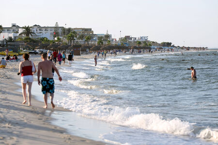 Sousse, Tunisia - September 15th, 2012   Tourists enjoying the beach in front of the El Mouradi...