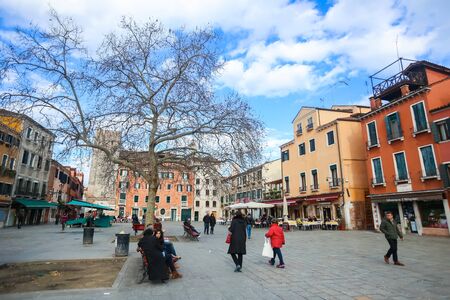 VENICE, ITALY - FEBRUARY 15 : People walking on the square Campo Santa Margherita on February 15th, 2014 in Venice, Italy.のeditorial素材