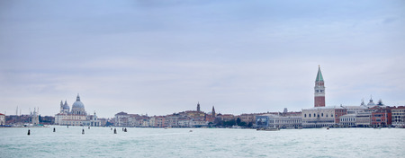 VENICE, ITALY - FEBRUARY 15 : A panoramic view of the coast with famous buildings on February 15th, 2014 in Venice, Italy.のeditorial素材