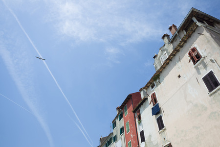ROVINJ CROATIA  JULY 20 : A low angle view of the old residential architecture on July 20th 2014 in Rovinj Croatia. Rovinj is a popular tourist destination on the Adriatic coast in Croatia.のeditorial素材