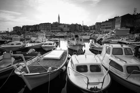 A view of the boats moored in the marina and the town with the Saint Euphemia bell tower at sunset in Rovinj Croatia.の写真素材