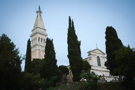  A view of the Saint Euphemia church and bell tower with people sightseeing on June 19th 2012 in Rovinj Croatia.の写真素材
