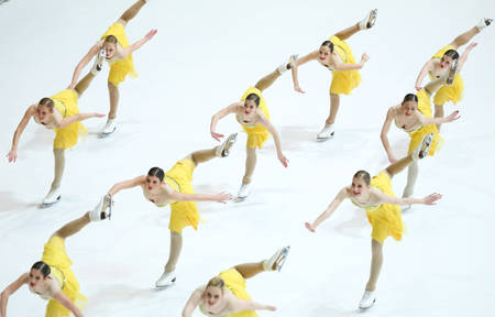 ZAGREB, CROATIA - MARCH 11 : Team Croatia perform in the Juniors Short Program during Day 1 of the ISU Synchronized Skating Junior World Challenge Cup at Dom Sportova on March 11, 2016 in Zagreb, Croatia.のeditorial素材