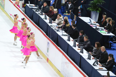 ZAGREB,CROATIA - MARCH 11 :Team Russia 2 perform in the Juniors Short Program during Day 1 of the ISU Synchronized Skating Junior World Challenge Cup at Dom Sportova on March 11,2016 in Zagreb,Croatiaのeditorial素材