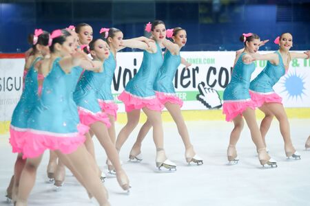 ZAGREB,CROATIA-MARCH 12:Team Czech Republic perform in the Juniors Free Skating during Day 2 of ISU Synchronized Skating Junior World Challenge Cup at Dom Sportova on March 12,2016 in Zagreb,Croatia.のeditorial素材