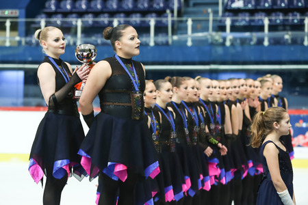 ZAGREB,CROATIA - MARCH 12: Team Finland 1 have won silver medals for the second place on the ISU Synchronized Skating Junior World Challenge Cup at Dom Sportova on March 12,2016 in Zagreb,Croatia.のeditorial素材