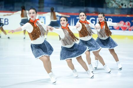 ZAGREB,CROATIA - MARCH 12 : Team Spain perform in the Juniors Free Skating during Day 2 of the ISU Synchronized Skating Junior World Challenge Cup at Dom Sportova on March 12,2016 in Zagreb, Croatia.のeditorial素材