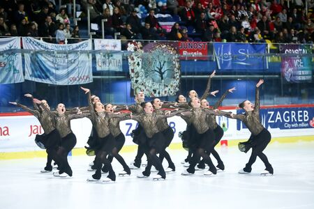 ZAGREB, CROATIA - MARCH 12 : Sweden 1 perform in the Juniors Free Skating during Day 2 of the ISU Synchronized Skating Junior World Challenge Cup at Dom Sportova on March 12, 2016 in Zagreb, Croatia.のeditorial素材