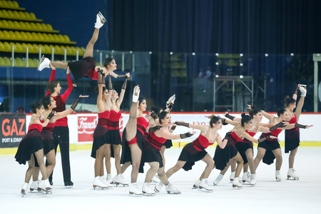 ZAGREB, CROATIA-MARCH 12 : Team Turkey perform in the Juniors Free Skating during Day 2 of the ISU Synchronized Skating Junior World Challenge Cup at Dom Sportova on March 12, 2016 in Zagreb, Croatia.のeditorial素材