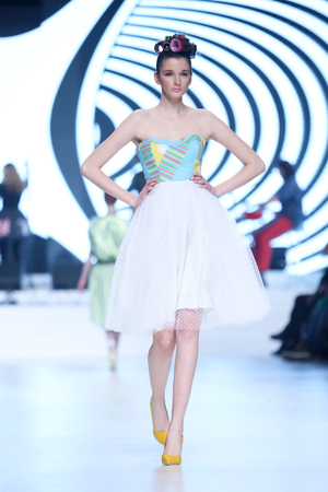 ZAGREB,CROATIA - MARCH 19, 2016: Model wearing clothes designed by Zoran Aragovic on the Bipa Fashion.hr fashion show in Zagreb, Croatia.のeditorial素材