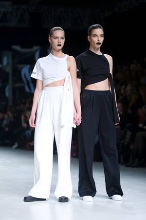 ZAGREB, CROATIA-MARCH 17, 2016:Model wearing clothes designed by Obekei on the Bipa Fashion.hr fashion show in Zagreb, Croatia. Obekei is a croatian fashion brand,handmade design by Katarina Smolic.のeditorial素材