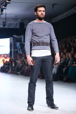 ZAGREB,CROATIA - MARCH 19, 2016: Model wearing clothes designed by Ik Studio on the Bipa Fashion.hr fashion show in Zagreb, Croatia. Ik Studio is a clothing fashion brand by Ivica Klaric.のeditorial素材