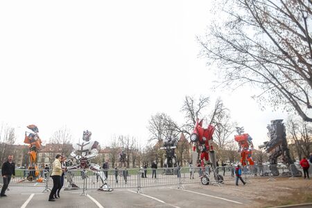 ZAGREB, CROATIA - MARCH 26, 2016 : Exhibition by Danilo Baletic (23) named Transformers protecting Zagreb on square Franje Tudjmana in Zagreb,Croatia. Exhibition is made of automobile parts and waste.のeditorial素材
