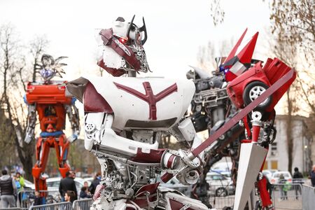 ZAGREB, CROATIA - MARCH 26, 2016 : Exhibition by Danilo Baletic (23) named Transformers protecting Zagreb on square Franje Tudjmana in Zagreb,Croatia. Exhibition is made of automobile parts and waste.のeditorial素材