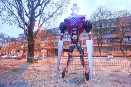 ZAGREB, CROATIA - MARCH 27, 2016 : Exhibition at night by Danilo Baletic named Transformers protecting Zagreb in Zagreb,Croatia. Exhibition is made of automobile parts and waste.のeditorial素材