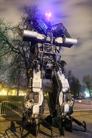 ZAGREB, CROATIA - MARCH 27, 2016 : Exhibition at night by Danilo Baletic named Transformers protecting Zagreb in Zagreb,Croatia. Exhibition is made of automobile parts and waste.のeditorial素材