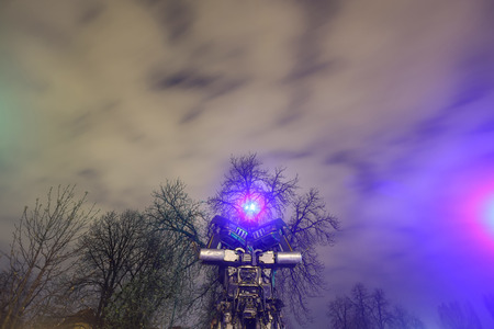 ZAGREB, CROATIA - MARCH 27, 2016 : Exhibition at night by Danilo Baletic named Transformers protecting Zagreb in Zagreb,Croatia. Exhibition is made of automobile parts and waste.のeditorial素材