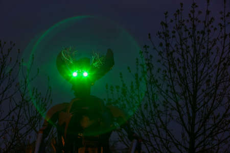 ZAGREB, CROATIA - MARCH 27, 2016 : Exhibition at night by Danilo Baletic named Transformers protecting Zagreb in Zagreb,Croatia. Lighting of the eyes of one of the transformers.のeditorial素材