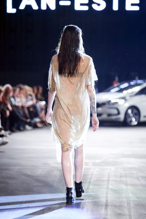 ZAGREB, CROATIA - APRIL 5, 2016 : Fashion model wearing clothes designed by An-Estetik on the Cro a Porter fashion show in Zagreb, Croatia.のeditorial素材