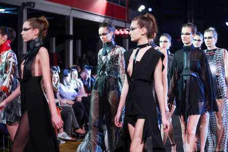 ZAGREB, CROATIA - APRIL 5, 2016 : Fashion model wearing clothes designed by Jamoi on the Cro a Porter fashion show in Zagreb, Croatia.のeditorial素材