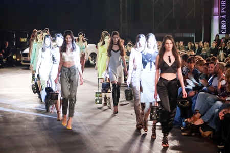 ZAGREB, CROATIA - APRIL 5, 2016 : Fashion model wearing clothes designed by Mandval, designers Vjeko Mandic and Tomislav Grgic on the Cro a Porter fashion show in Zagreb, Croatia.のeditorial素材