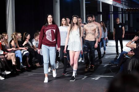 ZAGREB, CROATIA - APRIL 5, 2016 : Fashion model wearing clothes designed by Chipka by designers Tadija Glasnovic and  Nikola Zorotovic on the Cro a Porter fashion show in Zagreb, Croatia.のeditorial素材