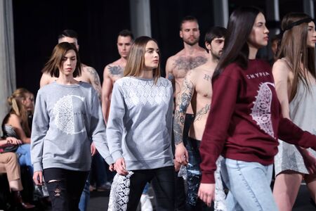 ZAGREB, CROATIA - APRIL 5, 2016 : Fashion model wearing clothes designed by Chipka by designers Tadija Glasnovic and  Nikola Zorotovic on the Cro a Porter fashion show in Zagreb, Croatia.のeditorial素材