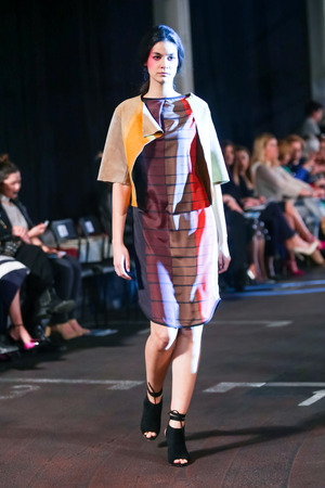 ZAGREB, CROATIA - APRIL 5, 2016 : Fashion model wearing clothes designed by Manuela Lovrencic on the Cro a Porter fashion show in Zagreb, Croatia.のeditorial素材