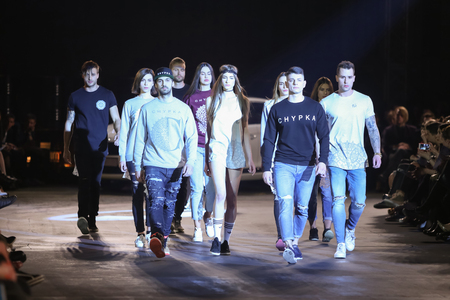 ZAGREB, CROATIA - APRIL 5, 2016 : Fashion model wearing clothes designed by Chipka by designers Tadija Glasnovic and  Nikola Zorotovic on the Cro a Porter fashion show in Zagreb, Croatia.のeditorial素材