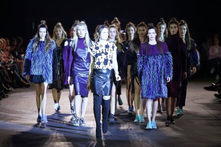 ZAGREB, CROATIA - APRIL 5, 2016 : Fashion model wearing clothes designed by Lukabu by Marina Jerant on the Cro a Porter fashion show in Zagreb, Croatia.のeditorial素材