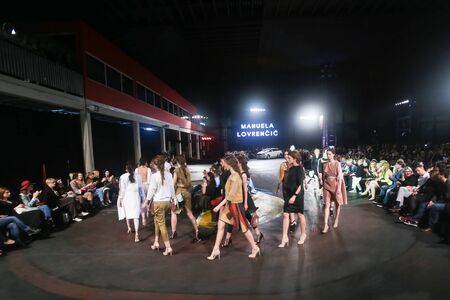 ZAGREB, CROATIA - APRIL 5, 2016 : Fashion model wearing clothes designed by Manuela Lovrencic on the Cro a Porter fashion show in Zagreb, Croatia.のeditorial素材