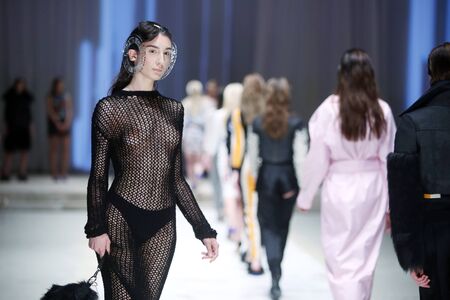 ZAGREB, CROATIA - APRIL 21, 2016 : Fashion model wearing clothes designed by Mario Vijackic on the Cro a Porter fashion show at Klovicevi Dvori in Zagreb, Croatia.のeditorial素材