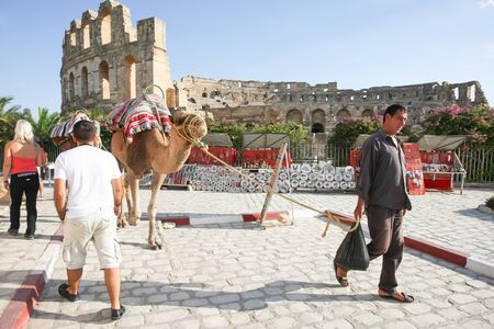 EL JEM, TUNISIA : SEPTEMBER 17th, 2012 : Man with camels walking around amphitheater in El Jem, Tunisia.のeditorial素材