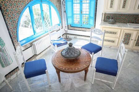 SIDI BOU SAID, TUNISIA - SEPTEMBER 14, 2012  A room inside El Annabi house, a typical residence in Sidi Bou Said,Tunisia. Sidi Bou Said is a town in northern Tunisia known for the use of blue and white in it's architecture.のeditorial素材
