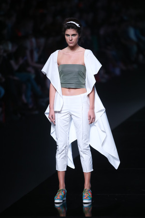 ZAGREB, CROATIA - OCTOBER 13, 2016: Fashion model wearing clothes for autumn-winter, designed by Morana Krklec on the Bipa Fashion.hr fashion show in Zagreb, Croatia.のeditorial素材