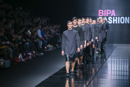 ZAGREB, CROATIA - OCTOBER 13, 2016: Fashion model wearing clothes for autumn-winter, designed by Ivana Janjic, best young designer by Perwoll on the Bipa Fashion.hr fashion show in Zagreb, Croatia.のeditorial素材