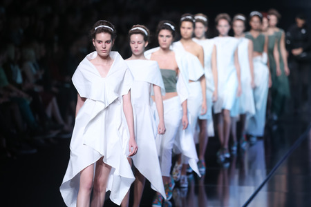 ZAGREB, CROATIA - OCTOBER 13, 2016: Fashion model wearing clothes for autumn-winter, designed by Morana Krklec on the Bipa Fashion.hr fashion show in Zagreb, Croatia.のeditorial素材