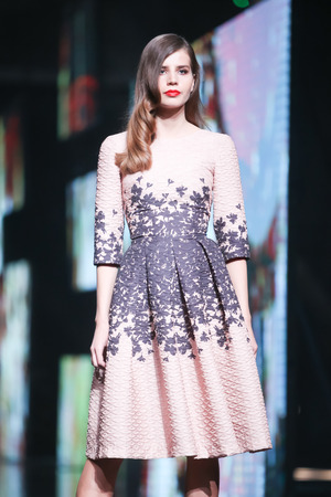 ZAGREB, CROATIA - OCTOBER 14, 2016: Fashion model wearing clothes for autumn-winter, designed by Elfs on the Bipa Fashion.hr fashion show in Zagreb, Croatia.のeditorial素材