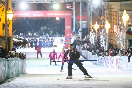 ZAGREB, CROATIA - JANUARY 4th, 2017 : A celebration marking the 50th anniversary of the FIS World Cup in alpine skiing. Ski race of overall winners of the FIS World Cup on the ski slope in Bakaceva street, on the road from the cathedral to the main squareのeditorial素材
